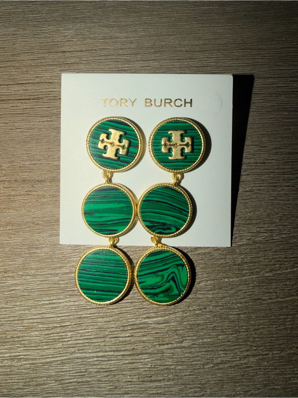 NWOT Tory Burch Gold-Tone Triple Drop Earrings with Green Malachite-Style Discs
